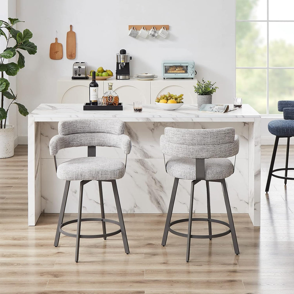 Counter Height Bar Stools with Full Back - Swivel Counter Stools Set of 2 with Linen Padded Back, Metal Footrest