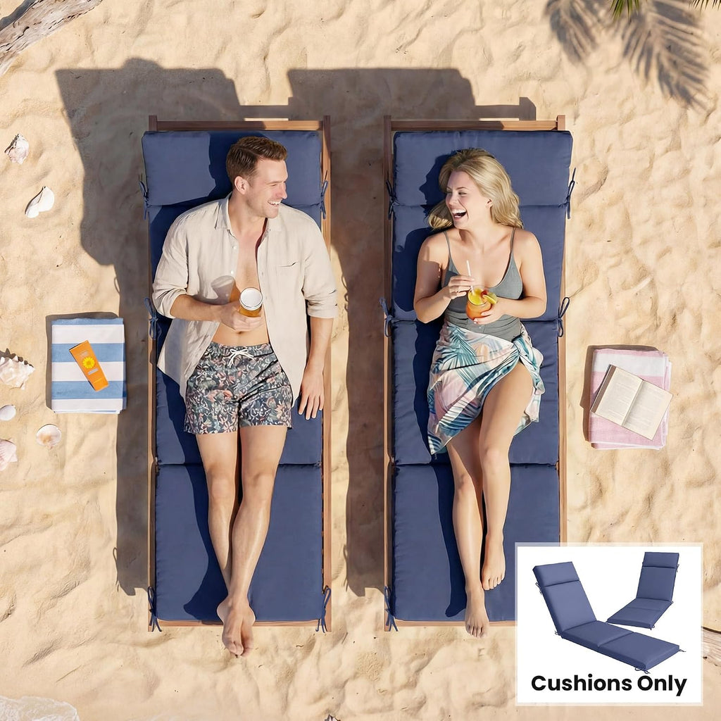 Outdoor Chaise Lounge Cushions Set of 2, Navy Blue | 6 Ties, High-Density Foam, Water-Repellent, UV-Resistant, Patio