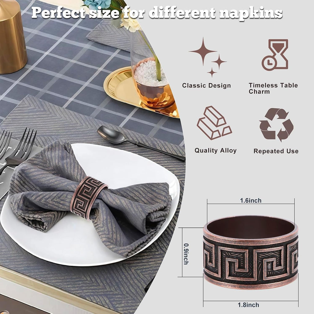 Bronze Napkin Rings, Premium Meander Napkin Rings Bulk, Greek Key Napkin Ring Bronze Alloy Holders - Set of 12