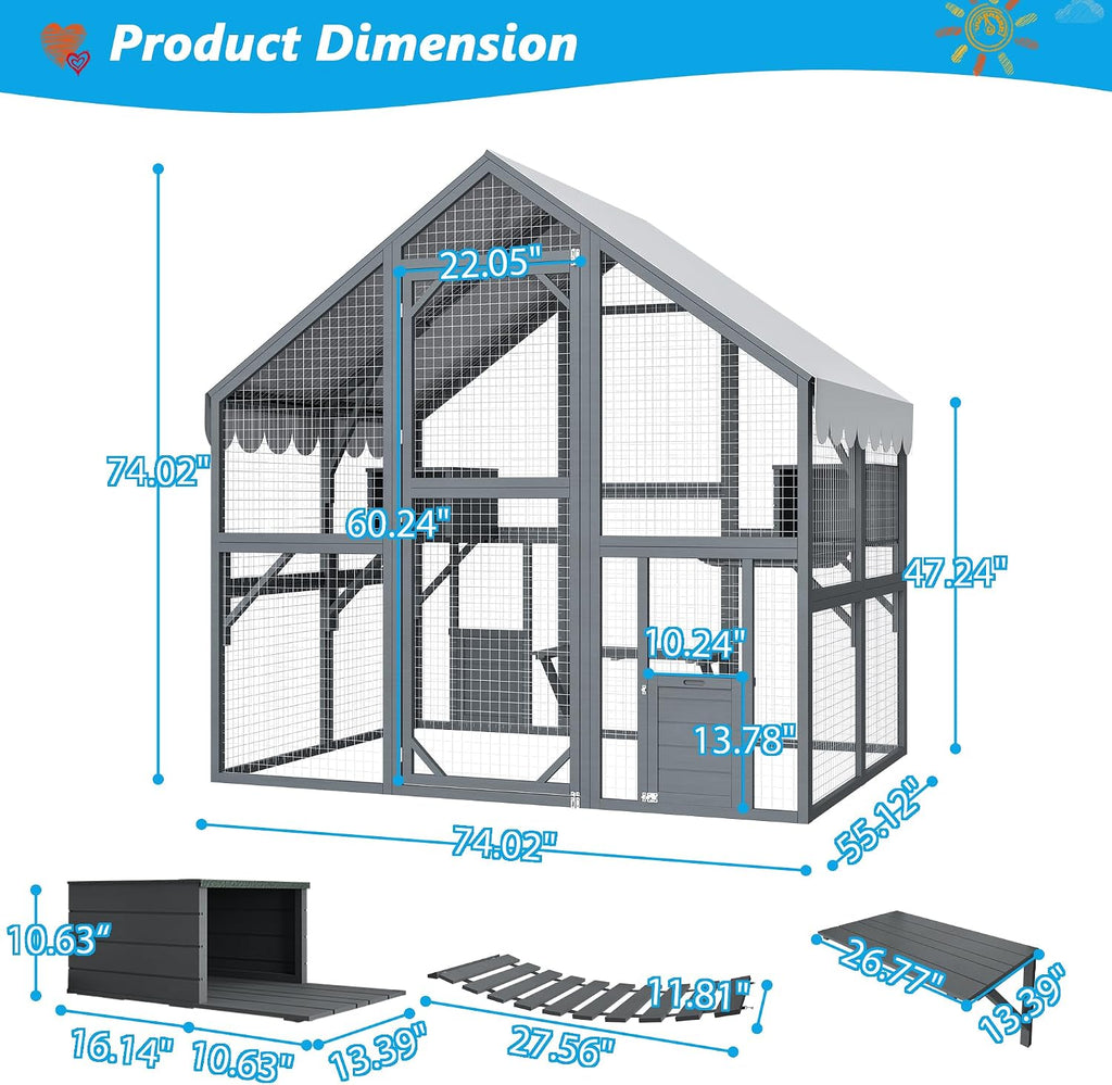 74" Large Wooden Outdoor Cat Catio Enclosure, 6×4ft Walk in Cats House Outside, Cat Shelter Kitty Cage with Sleeping