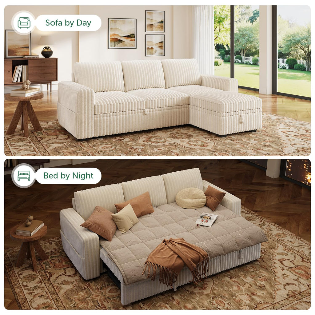 Corduroy Sectional Sleeper Sofa with Pull Out Bed & Storage, Beige