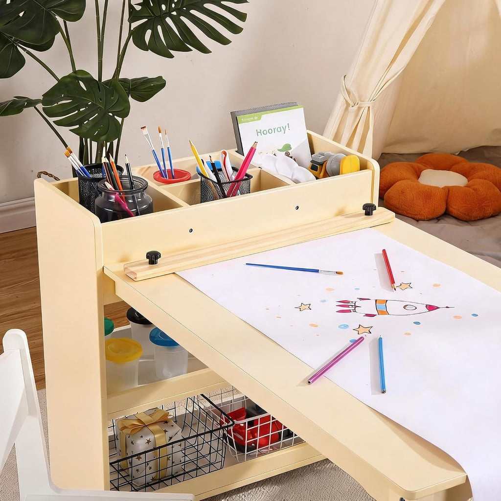 Kids Art Table with 2 Chairs Set, Toddler Craft Desk with Storage Shelves, Drawing Table with Paper Roller Yellow