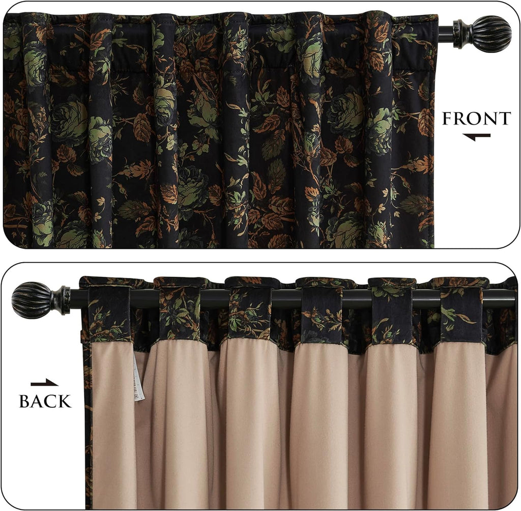 Black Velvet Curtains 84 inches Long - Printed Floral Design Home Decoration Back Tab Vintage Thermal Insulated Room