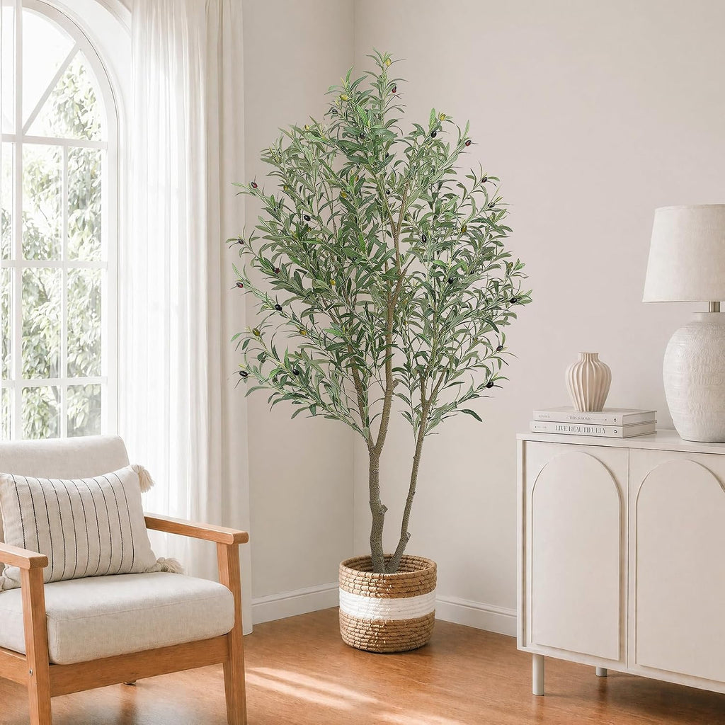 Faux Olive Trees Indoor, 7FT Tall Fake Olive Tree with Black Planter