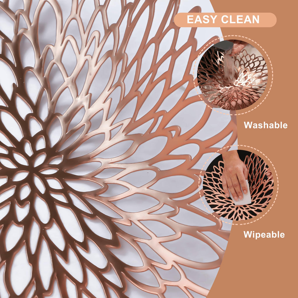 6 Pack Rose Gold Placemats Metallic Pressed Vinyl for Mother's Day Table Decoration Dinning Mats Round Floral Charger