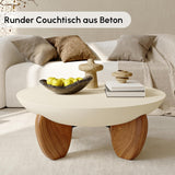 Round Concrete Coffee Table with Premium Walnut Ash Wood Legs, Modern Minimalist Cement Finish Center Table
