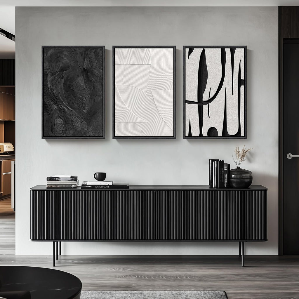 Large Framed Black and White Abstract Wall Art Set of 3