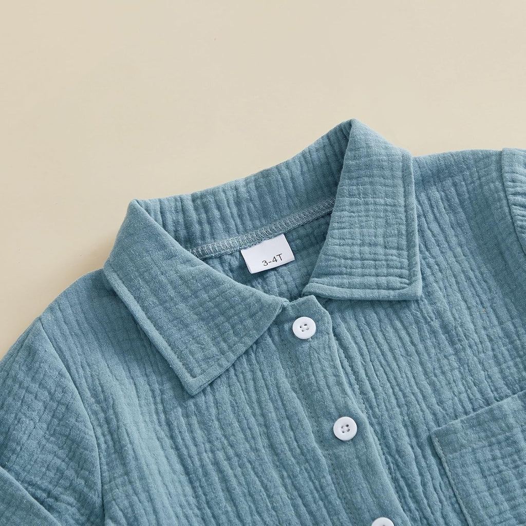 Baby Boy Summer Outfit 2PCS Button Down Shirt Tops + Shorts with Pocket Toddler Infant Triple Cotton Gauze Clothes Set