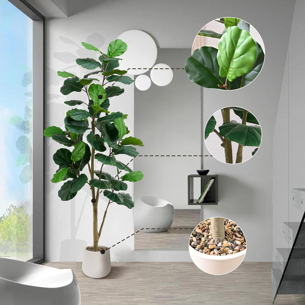 Artificial Fiddle Leaf Fig Tree 6FT, 72 Inch Tall Faux Ficus Lyrata Fake Floor Plant with White Planter & Pebbles