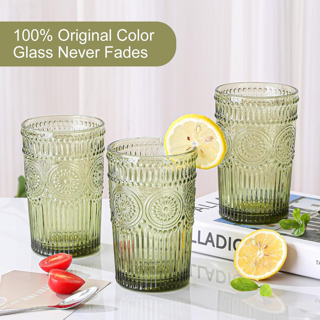 Vintage Glassware Drinking Glasses Set of 6, 13 oz Green Textured Flower Design Glass Water Tumblers，Embossed Striped