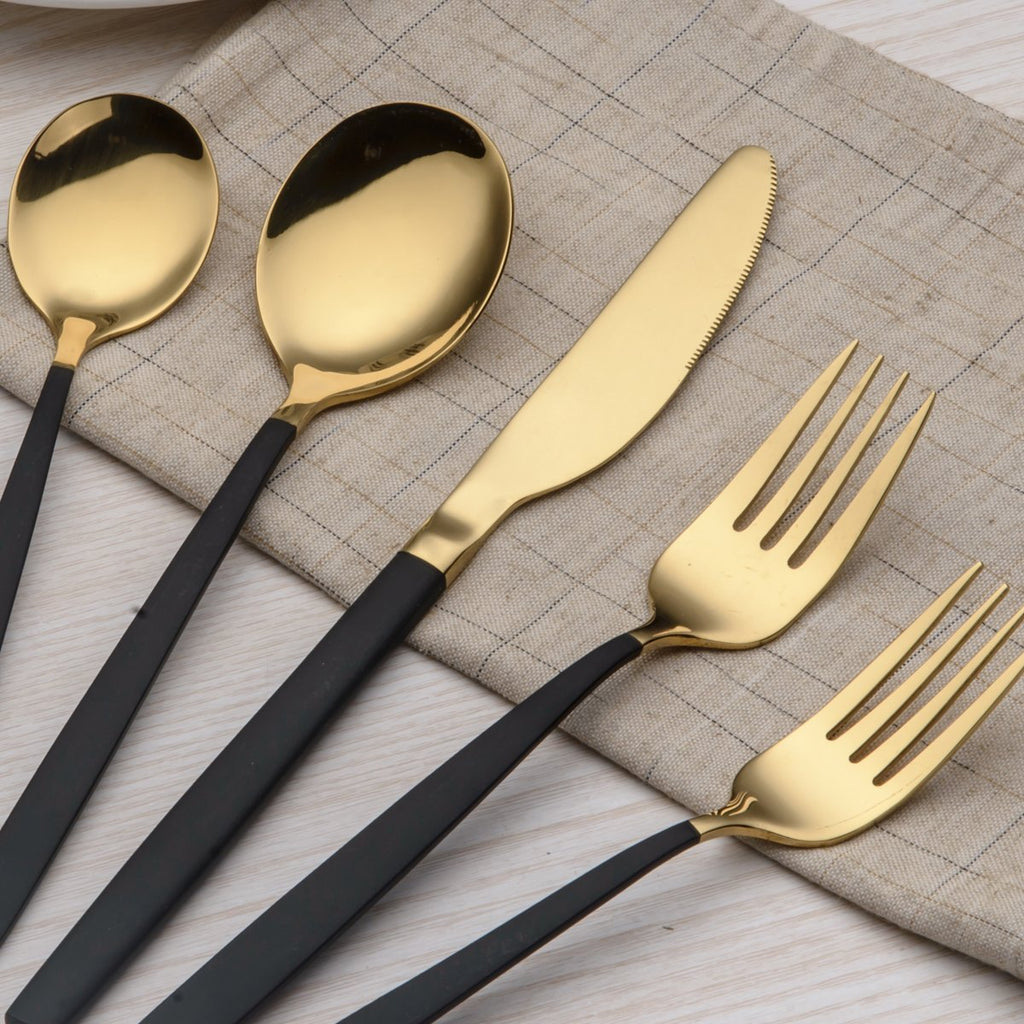 20 Piece Titanium Black And Golden Plated Stainless Steel Flatware Set, Handle With Mouth Silverware Set And Cutlery