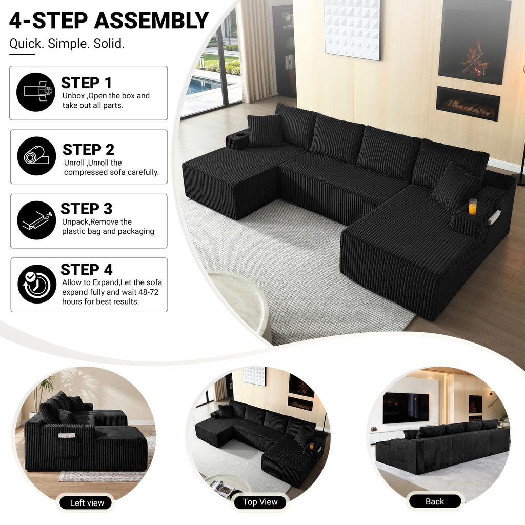 124" Cloud Boneless Couch, Oversized Sectional Couches, Modern Modular Couch with Cup Holders, Black Comfy Corduroy U