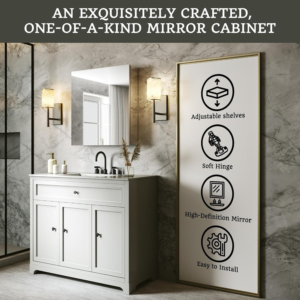 24 x 26 in Medicine Cabinet with Mirror and Side Panels, Silver | Surface or Recessed Medicine Cabinet Mirror with