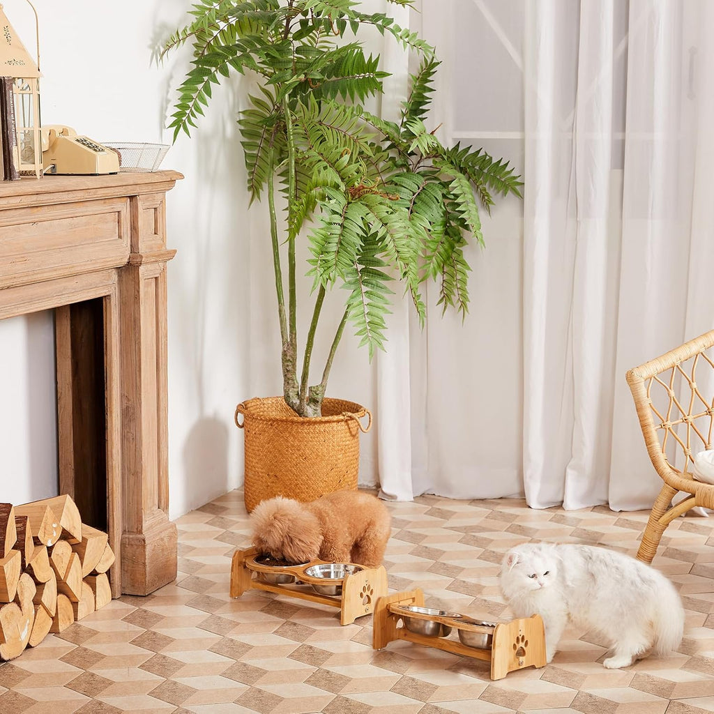 Elevated Dog Bowls for Cats and Dogs, Adjustable Bamboo Raised Dog Bowls for Small Dog, Food and Water Set Stand