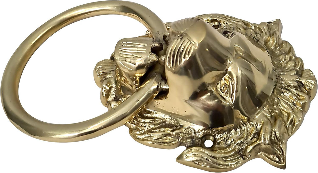 Unique Look Handcrafted Shiny Brass Polished Lion Front Face Door Knocker Home Entrance Décor Accessory Mounting