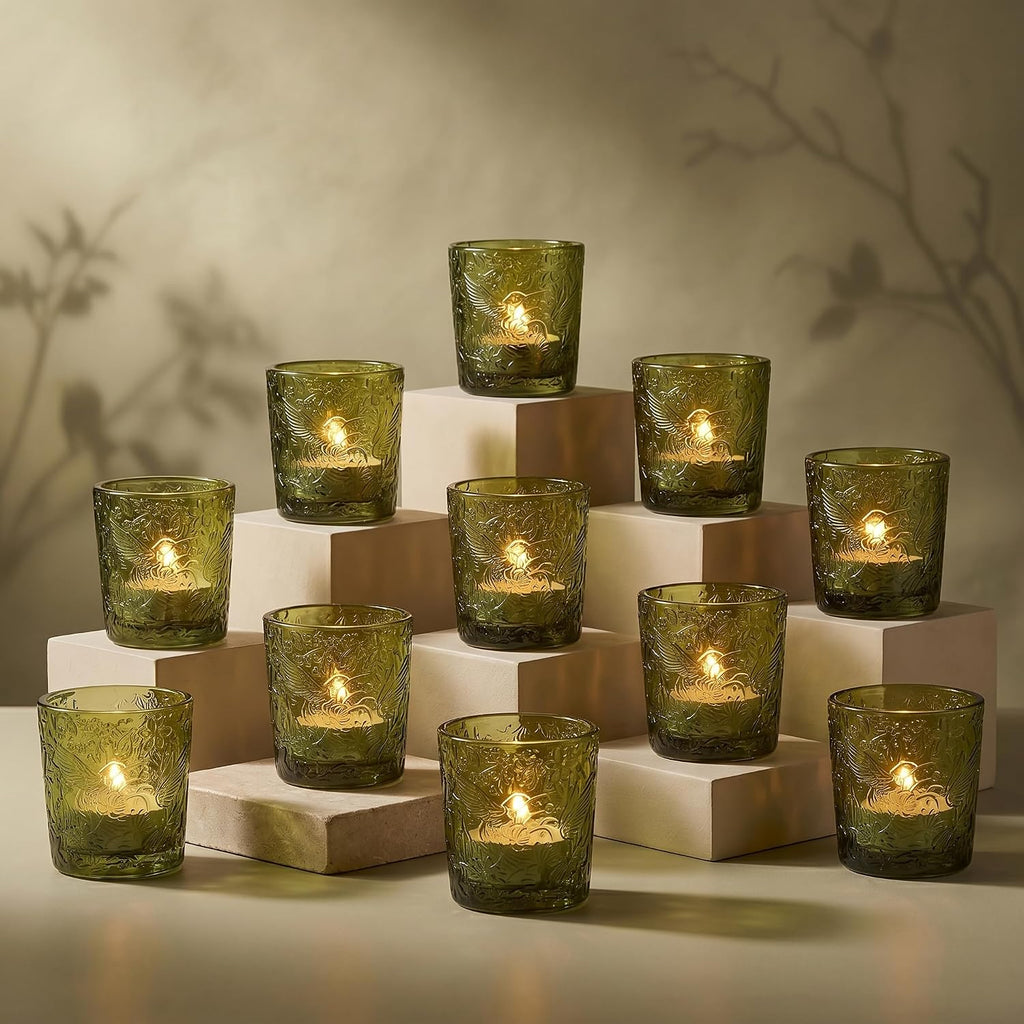Moss Green Hummingbird Glass Tealight Holders, 12 Pack