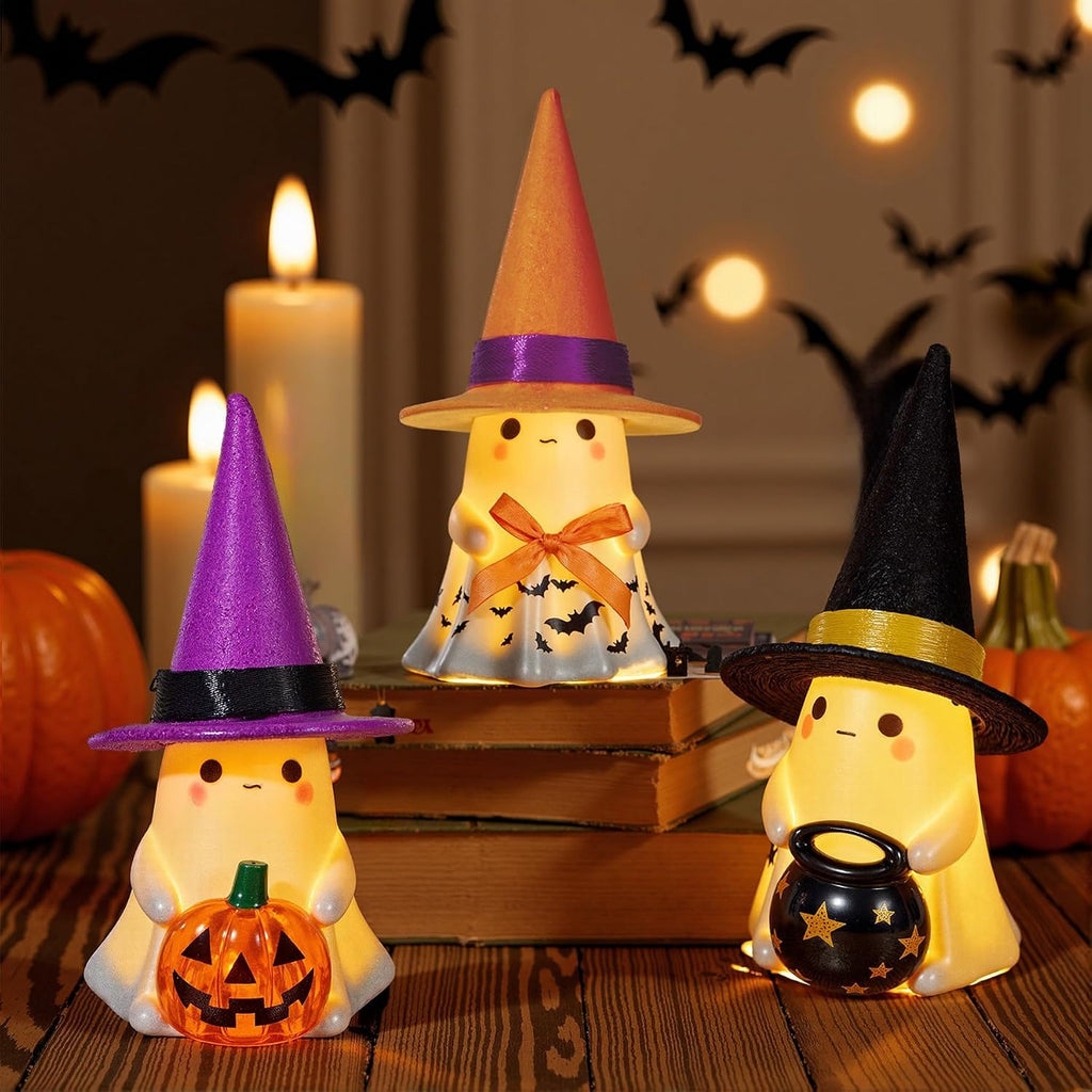 Halloween Decorations Indoor, Cute Spooky Ceramic Ghost Halloween Decorations,Ghost Figurines with Hats - Set of 3