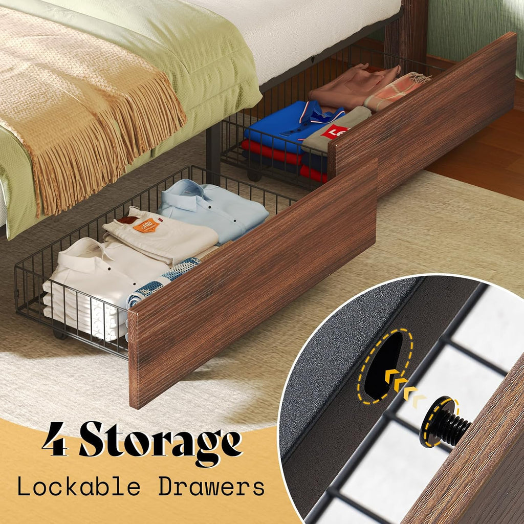 King Farmhouse Bed Frame with 4 Drawers, Wooden Storage Bed Frame with Headboard and Heavy Duty Metal Slats, Noisy