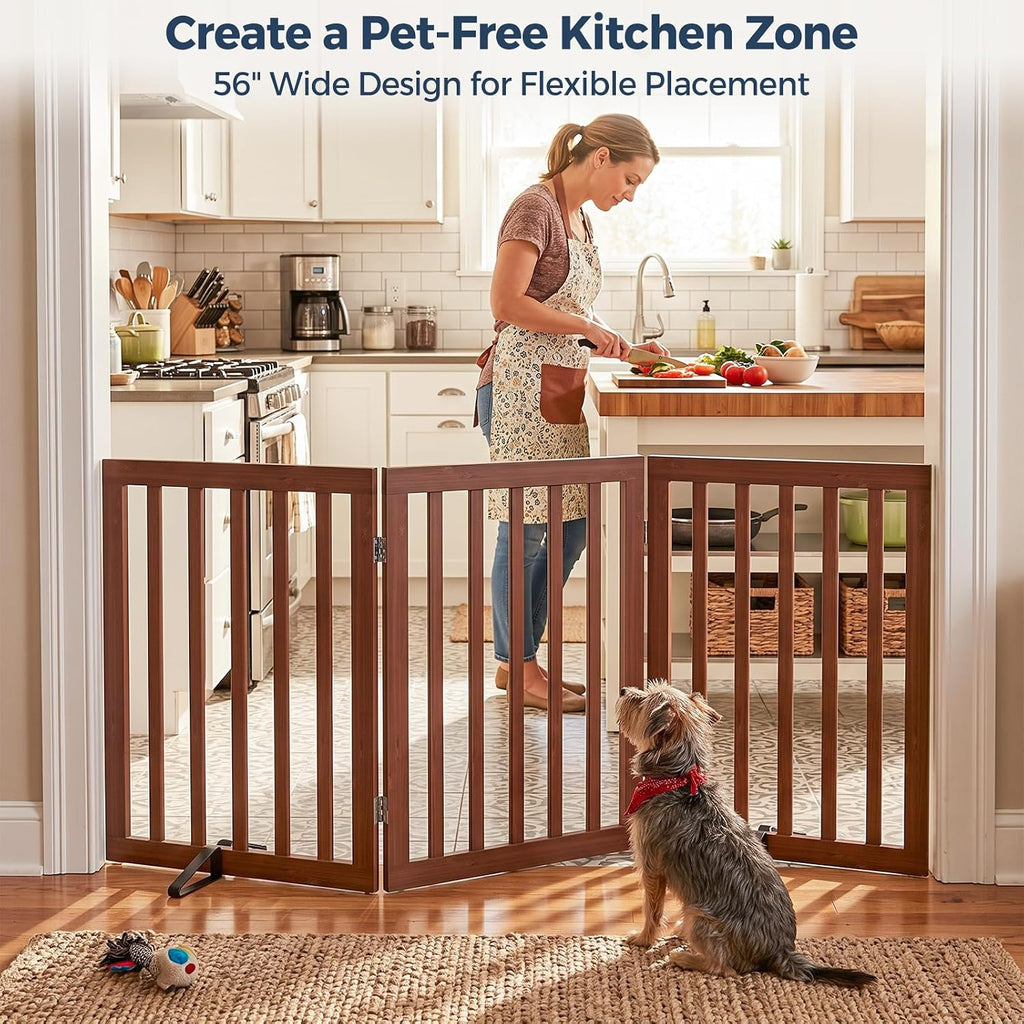 Dog Gate Indoor, Bamboo Freestanding Pet Gate, 24"H, Walnut