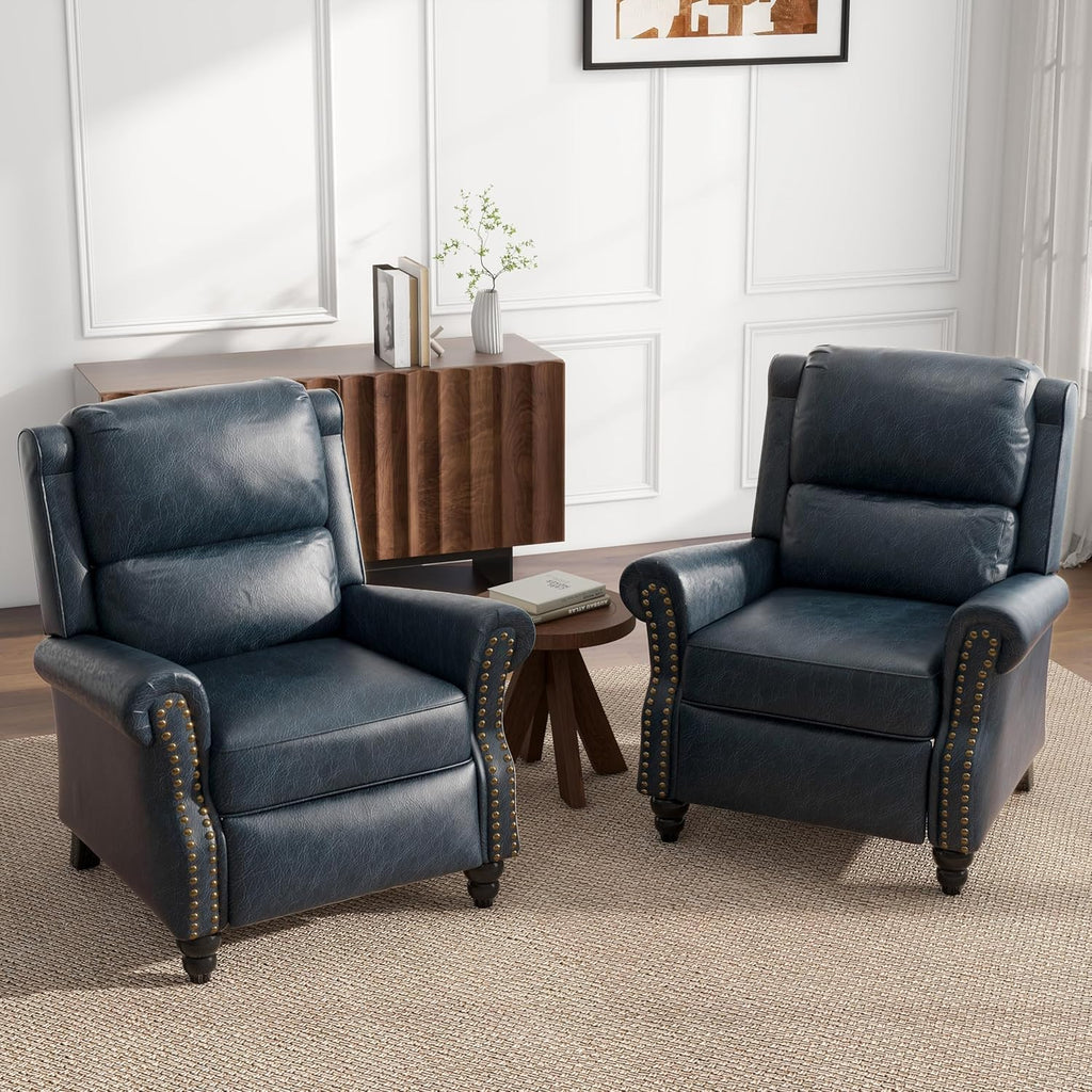 Pushback Recliner Chairs, Faux Leather Armchair, Navy - Set of 2