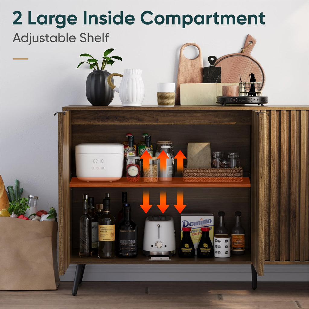 Walnut Buffet Cabinet with Storage, Large Sideboard Cabinet with 4 Fluted Doors and Metal Legs, Storage Cabinet with