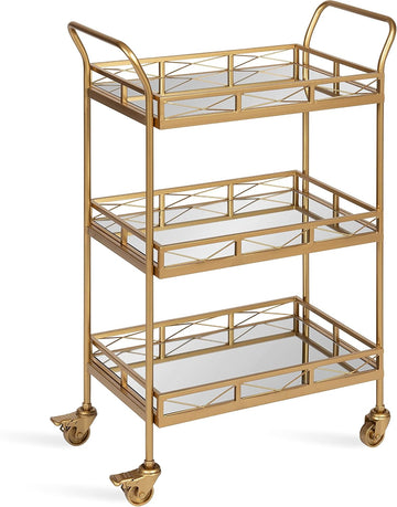 Ketia Glam Metal Bar Cart; 23 x 13 x 34; Gold; Glamorous Three Tier Gold Bar Cart for Display and Storage