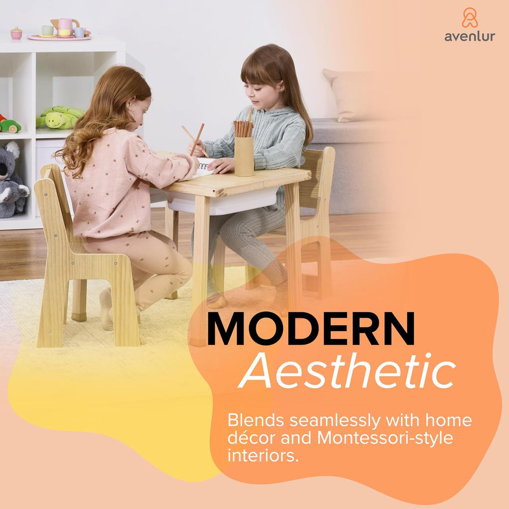 Cordia Kids Table and Chair Set - Montessori-Inspired Kids Workbench - with Two Chairs, Two Collapsible Bucket