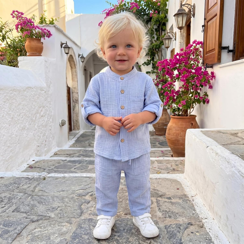 Baby Boy Cotton Linen Outfit Fall Winter Long Sleeve Button Down Henley Shirt Linen Pants Toddler Boys Clothes Set