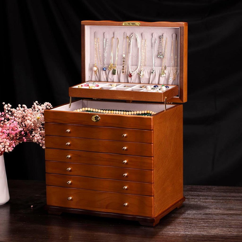Solid Wood Jewelry Box w/Lock, 9-Layer Large Storage Organizer - Set of 300