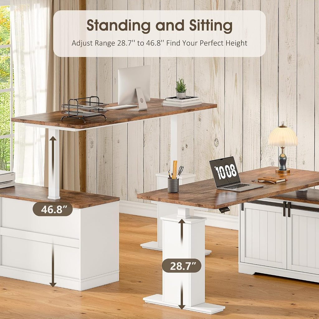 55" Farmhouse L Shaped Standing Desk with Storage Drawers, White | Home Office Electric Remote Work Desk with Cable