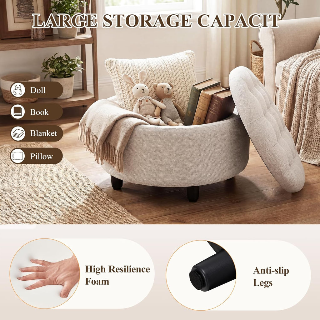 Fabric Round Storage Ottoman with Reversible Tray Lid - Multi-Functional Footrest, Hidden Storage, Sturdy & Stylish