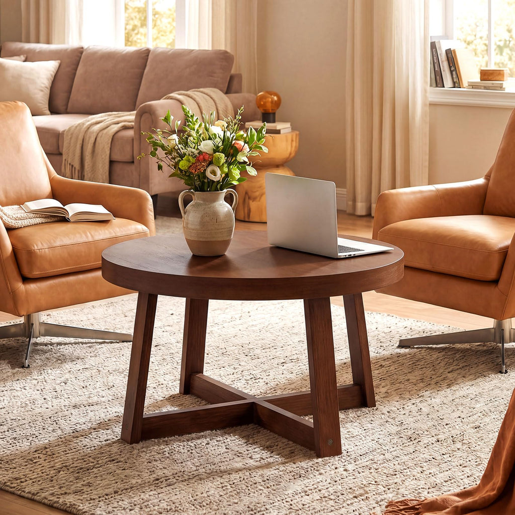Round Coffee Table, 30" Wood Center Table, Walnut