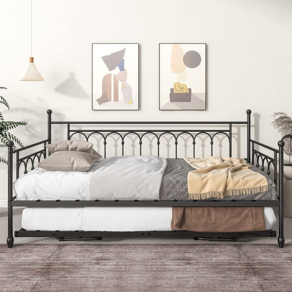 Day Bed with Trundle Bed Twin Pop Up, Height Adjustable Twin Daybed with Trundle Pop Up, Metal Sofa Bed Frame with