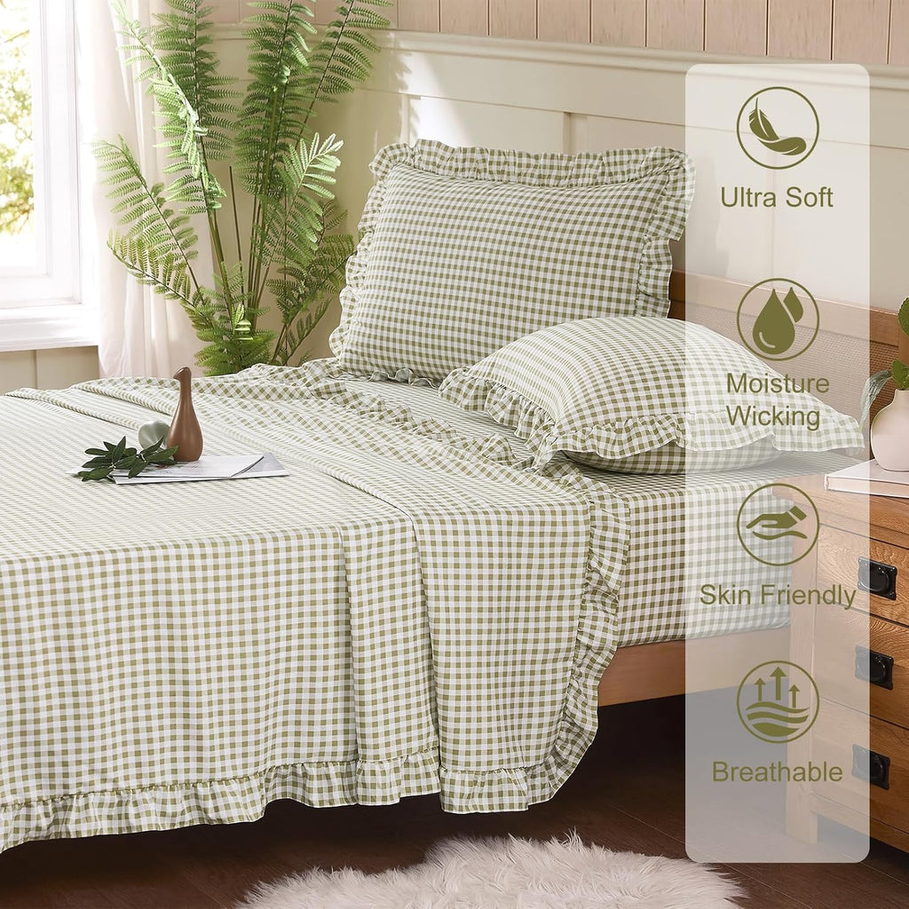 Queen Sheet Set, Lightweight Super Soft Brushed Microfiber Plaid Bed Sheets with 16" Deep Pocket, 4 Piece