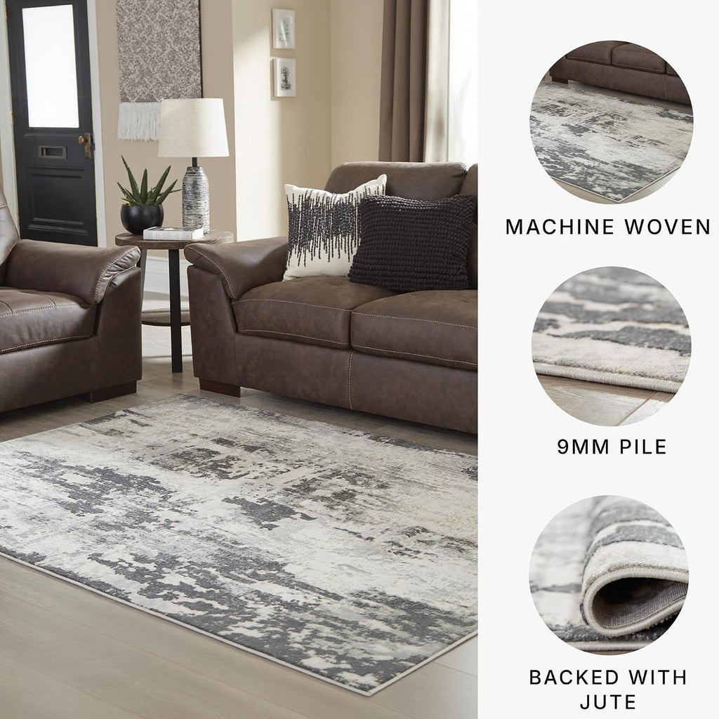 Mazatl Contemporary 8 x 10 Medium Pile Abstract Design Rug, Cream, Gold & Gray