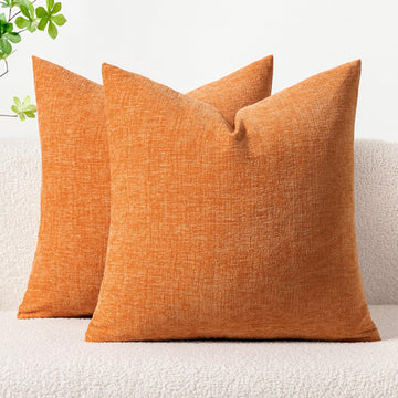 Soft Chenille Fall Throw Pillow Covers Orange 20x20 Inch Pack of 2