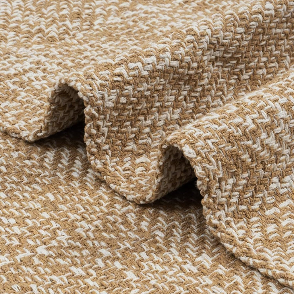 Boho Living Room Rugs, 5x8 Washable Woven Cotton Modern Bedroom Rugs | Farmhouse Tan Braided Floor Carpet Rug Room