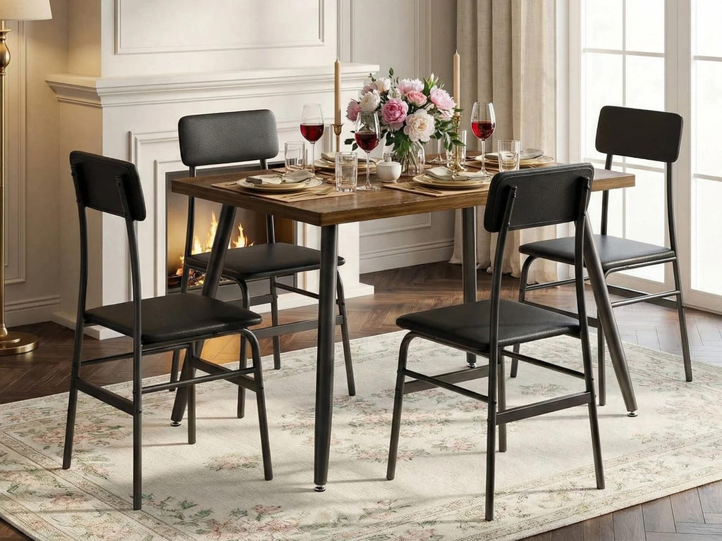 5 Piece Dining Table Set for 4, Modern Metal & Wood Kitchen Dinner Table with 4 Chairs, Space-Saving Dining Room