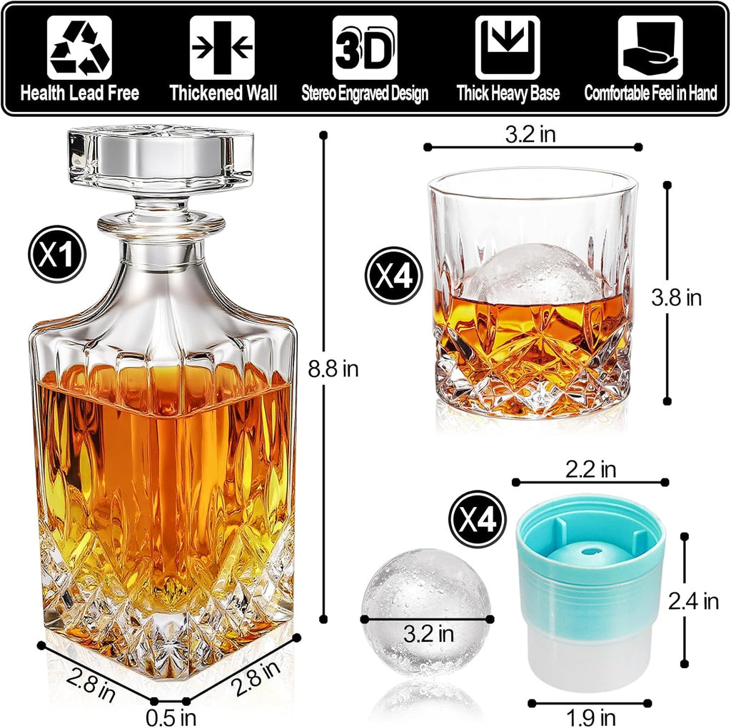 Whiskey Decanter Set for Men, 4*Crystal Whiskey Glasses(Get 4 Silicone Ice Mold Free), Lead-Free Decanter Set - Set of 9