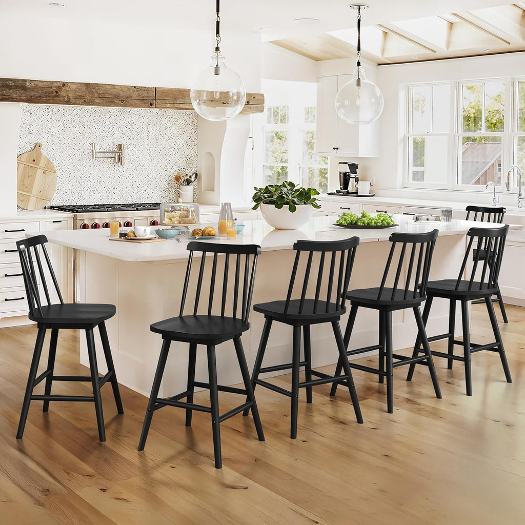 360° Swivel Bar Stools Set of 3, Black Windsor Barstools, Counter Height Barstool with Spindle Back, 24 inch