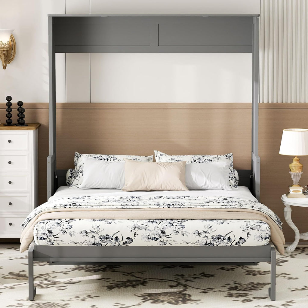 Queen Murphy Bed with Desk, Hideaway Wall Bed Frame with LED Lights and USB Ports, Folding Murphy Cabinet Bed for