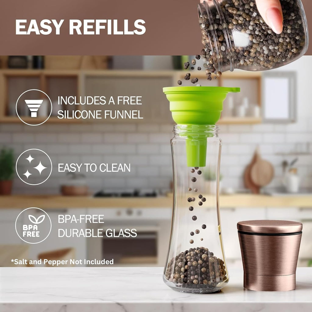 Original Copper Salt and Pepper Grinder - Adjustable Ceramic Grinder - Tall Glass Salt and Pepper Shakers - Set of 2