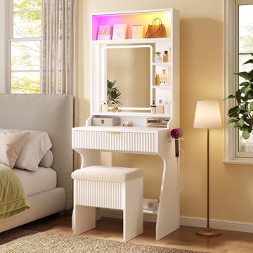Small Vanity, Fluted Desk with Mirror and Lights, Stool, Charging Station | Sound sync RGB lights, LED glass cabinet