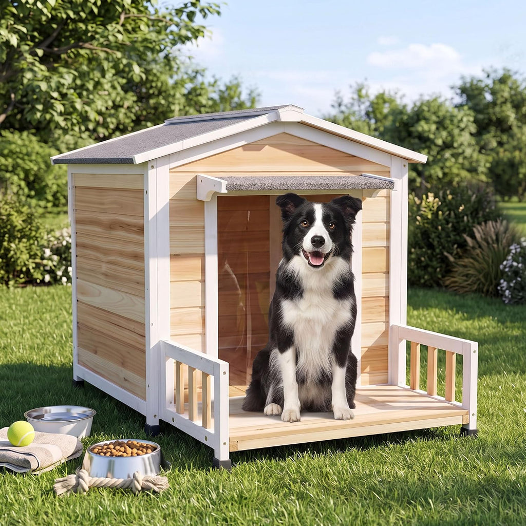 Large Dog House Outdoor Elevated Wooden Dog Kennel with Porch White 43"