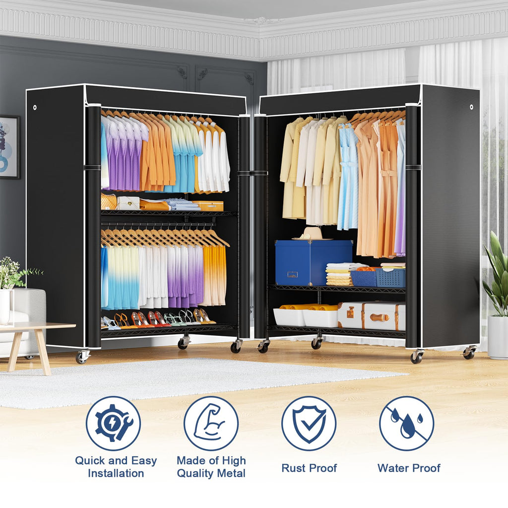 P8C Max Heavy Duty Clothes Rack(With Extended Width Design) Rolling Clothing Racks for Hanging Clothes with Lockable