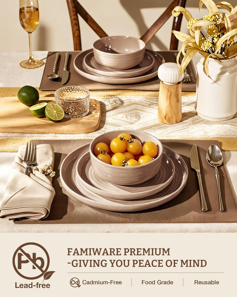 Stoneware Dinnerware Sets for 4, Plates and Bowls, Brown