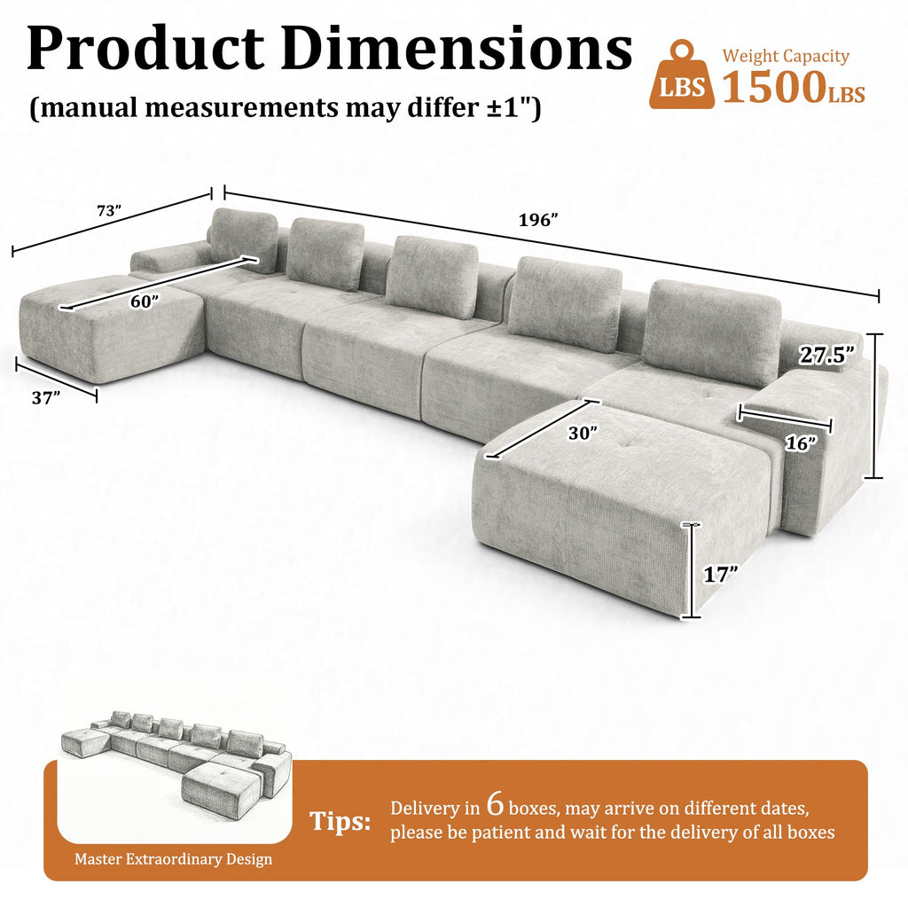 196" U Shaped Oversized Boneless Couch, Comfort Cloud Sectional Couches, Modular Sofa High Back & Extra Deep Seat