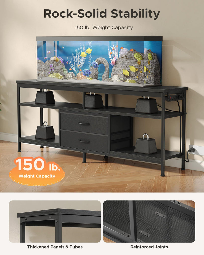 63in TV Stand for 55-75in TVs, LED Lights, Charging Station, Black