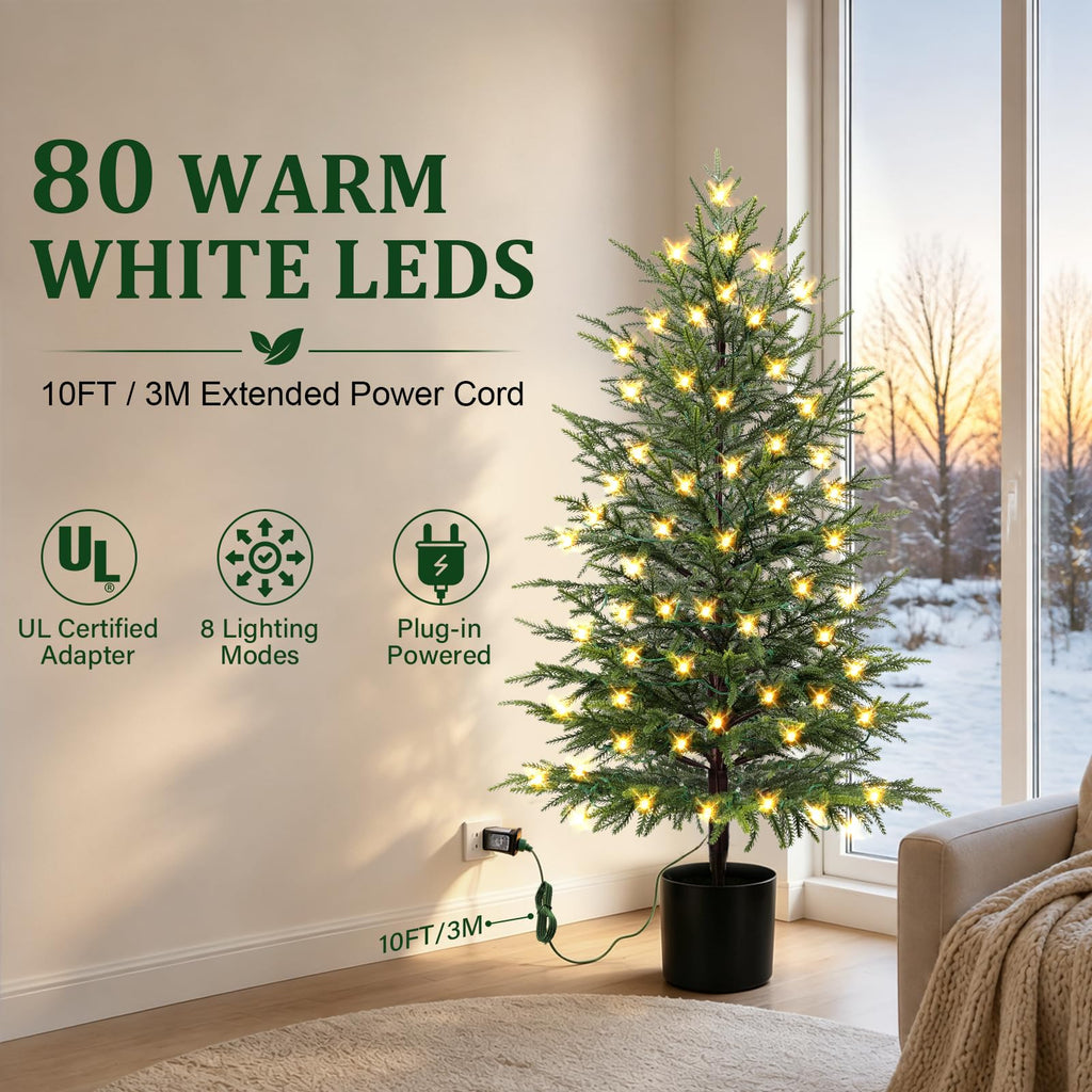 4FT Prelit Norfolk Pine Christmas Tree Real Touch Artificial Cedar Tree with 80LED Lights & 8-Function Plug-in Potted