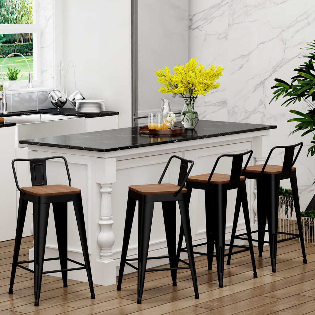 Metal Bar Stools Set of 4, 30" Black Bar Height Stools with Back